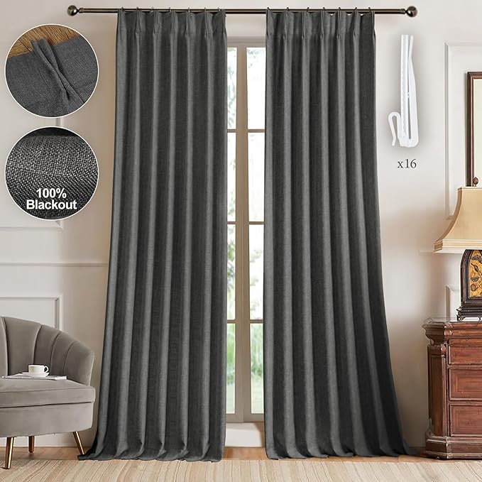 IVAPUPU Linen Pinch Pleated Full Blackout Curtains for Bedroom - 2 Pages Black Out Grey Curtains 108 Inch Long 2 Panel for Living Room Darkening Thermal Window Curtain Drapes with 16pc Hooks
