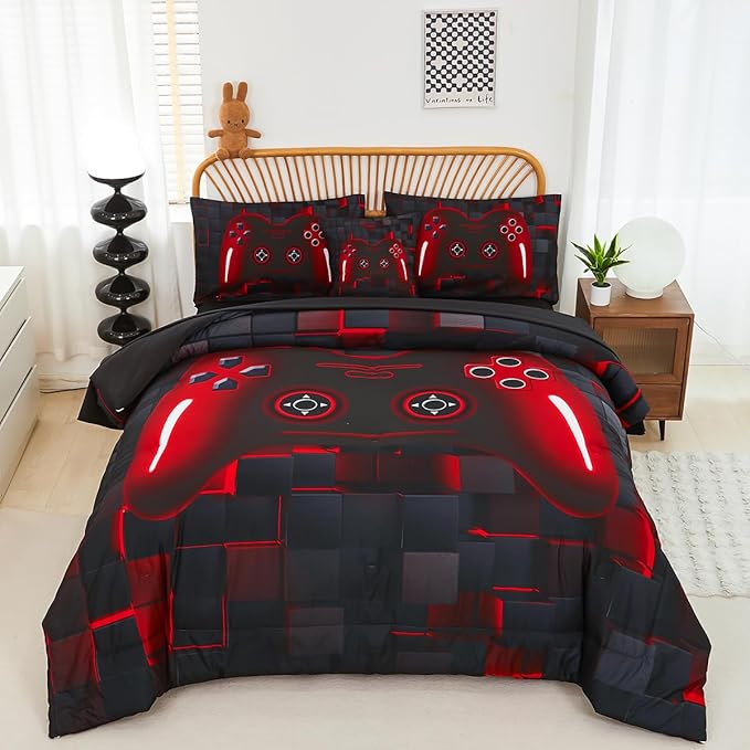 PERFEMET 6-Piece Boys Comforter Set Queen Size Game Console Bedding Set for Kids Teen 3D Black and Red Gamepad Gaming Bed in a Bag Matching Sheet Set(Red, Queen)