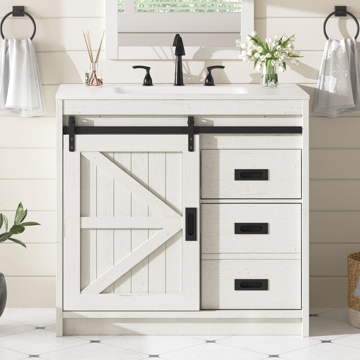 AMERLIFE 36" Farmhouse Single Sink Bathroom Vanity with Sink, Rustic White