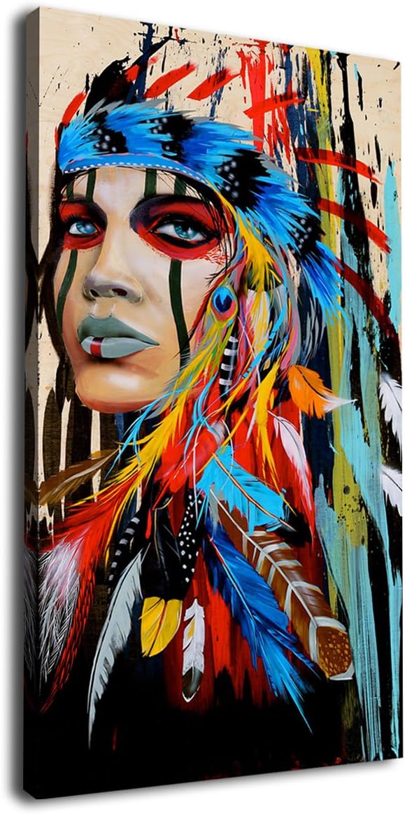 Canvas Wall Art Native American Indian Beauty Large Modern Canvas Artwork Girl with Colorful Feathers Contemporary Canvas Picture Bedroom Living Room Hallway Home Office Kitchen Wall Decor 48" x 24"