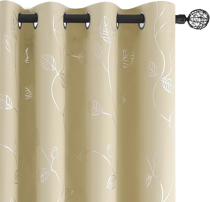 BUHUA Wave Silver Leaf Print Blackout Curtains for Living Room Darkening Curtains Light Blocking Curtains for Bedroom 66W×84L Beige 2 Panels