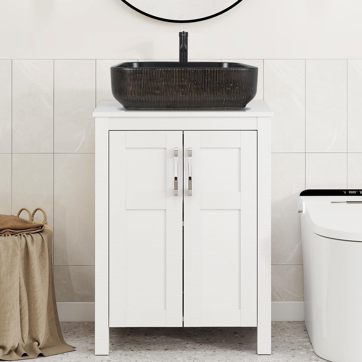 YOURLITE 24" White Bathroom Vanity with Vessel Sink, Black Gold Sink