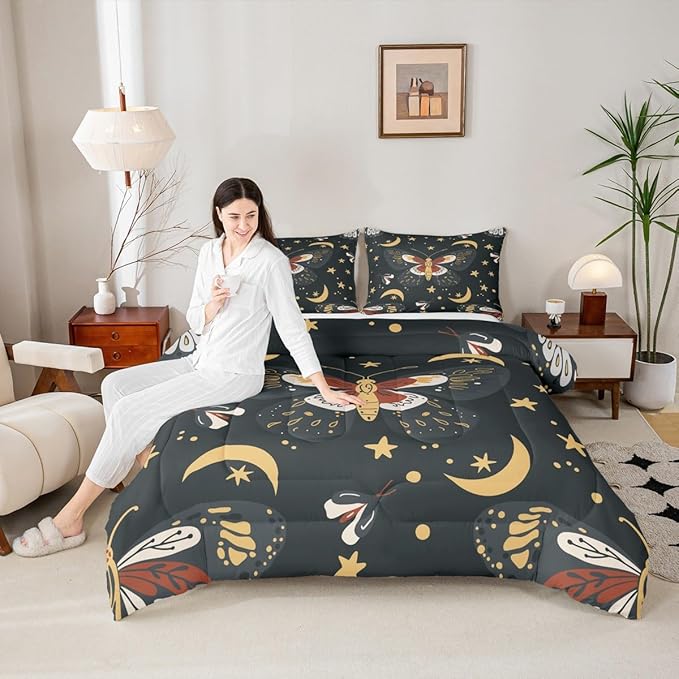 Sun Moon Kids Comforter Set Queen Size,Starry Sky Galaxy Trippy Bohemia Bedding Set,Boys Girls Adults Room Decor,Death Moth Boho Exotic Down Comforter,Colorful Retro Duvet Insert,2 Pillowcases