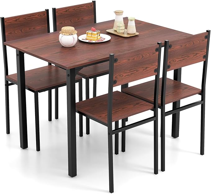 Giantex Dining Table Set for 4, 5-Piece Kitchen Table Set with Dinner Table, Dining Chairs, Metal Frame, Space-Saving Dinette Set for Living Room Restaurant, Breakfast Nook Table Set (Walnut)