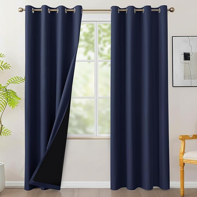 BONZER 100% Blackout Curtains Thermal Insulated - Light Blocking Window Drapes with Black Laminated Backing, Privacy Protection Single Layer for Bedroom/Living Room, 54 x 95 Inch, Navy Blue, 2 Panels