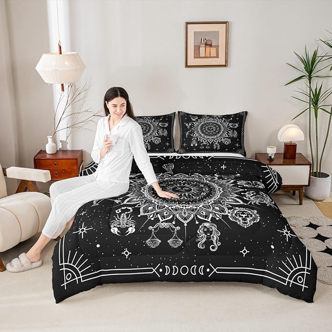 Sun and Moon Kids Comforter Set King Size,Starry Sky Galaxy Planet Trippy Bedding Set,Boys Girls Adults Room Decor,12 Constellation Datura Boho Down Comforter,Black White Duvet Insert,2 Pillowcases
