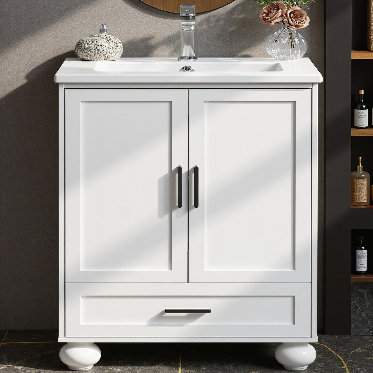 LIKIMIO 24" Bathroom Vanity with Ceramic Sink, Small Bathroom Storage Cabinet, 2 Doors 1 Drawer, 4 Solid Wood Legs, Fits 15-40 sqft Bathroom, White Freestanding Vanity Cabinet for Apartments, Rentals