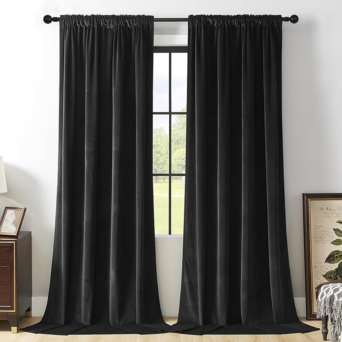 Joydeco Velvet Curtains Extra Wide, Long Luxury Black Blackout Thermal Insulated Rod Pocket Window Curtains, Super Soft Room Darkening Drapes for Living Room Bedroom, W100 x L96 Inch, Black