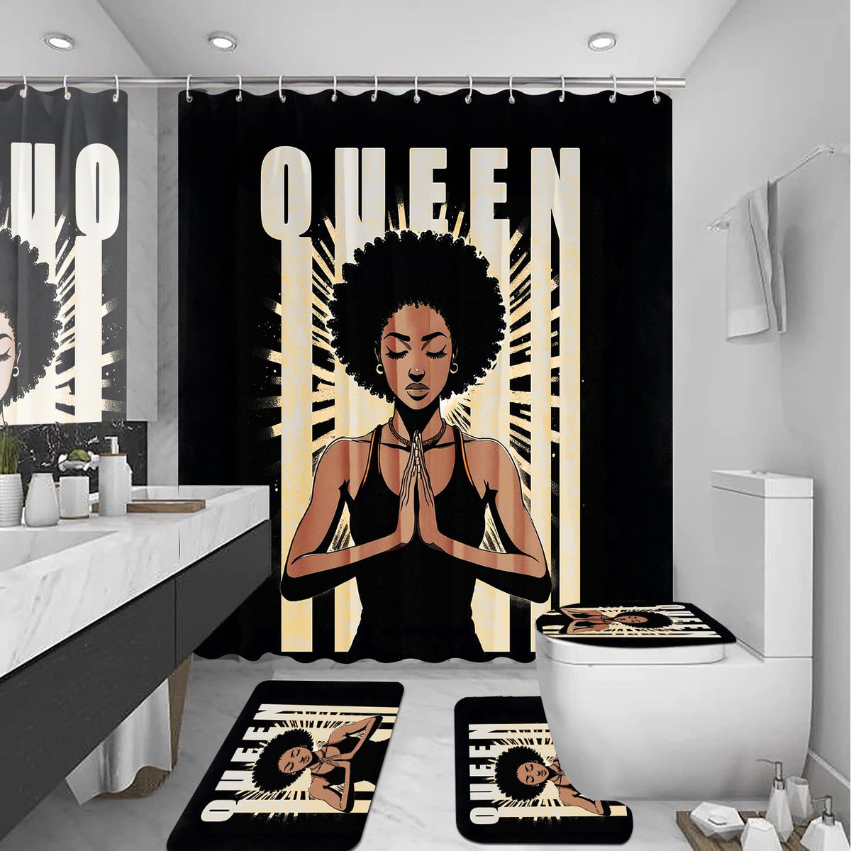 Omebero 4Pcs Bathroom Shower Curtain Sets, Inspirational Quote African American Black Queen Shower Curtains with Rugs Toilet Lid Cover Bath Mat, Praying Black Girl Bathroom Decor Set