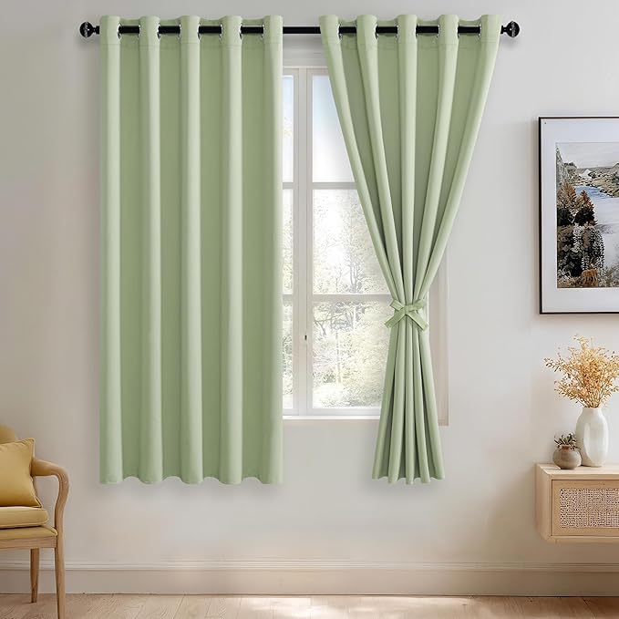 JIUZHEN Light Green Blackout Curtains with Tiebacks Thermal Insulated, Light Blocking and Noise Reducing Grommet Curtains for and Living Room, Set of 2 Window Curtain Panels, 60 x 63 Inch Length
