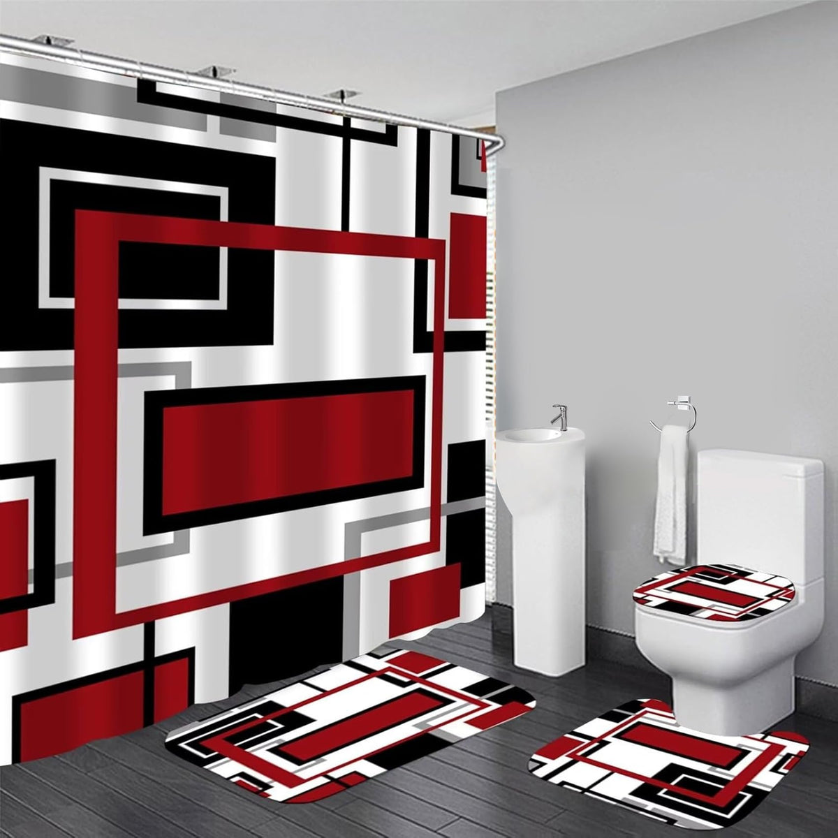 Yddsky 4 Pcs Red Geometric Shower Curtain Set with Rugs Bathroom Set