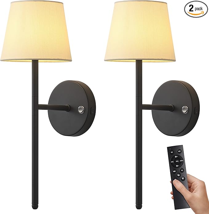 Battery Operated Wall Sconce Set of 2, Small LED Rechargeable Wall Lights with Remote, 5200mAh Dimmable Fabric Shade Cordless Wall Lamp for Bedside, Bedroom, Hallway, Living Room, Gifts (Black)