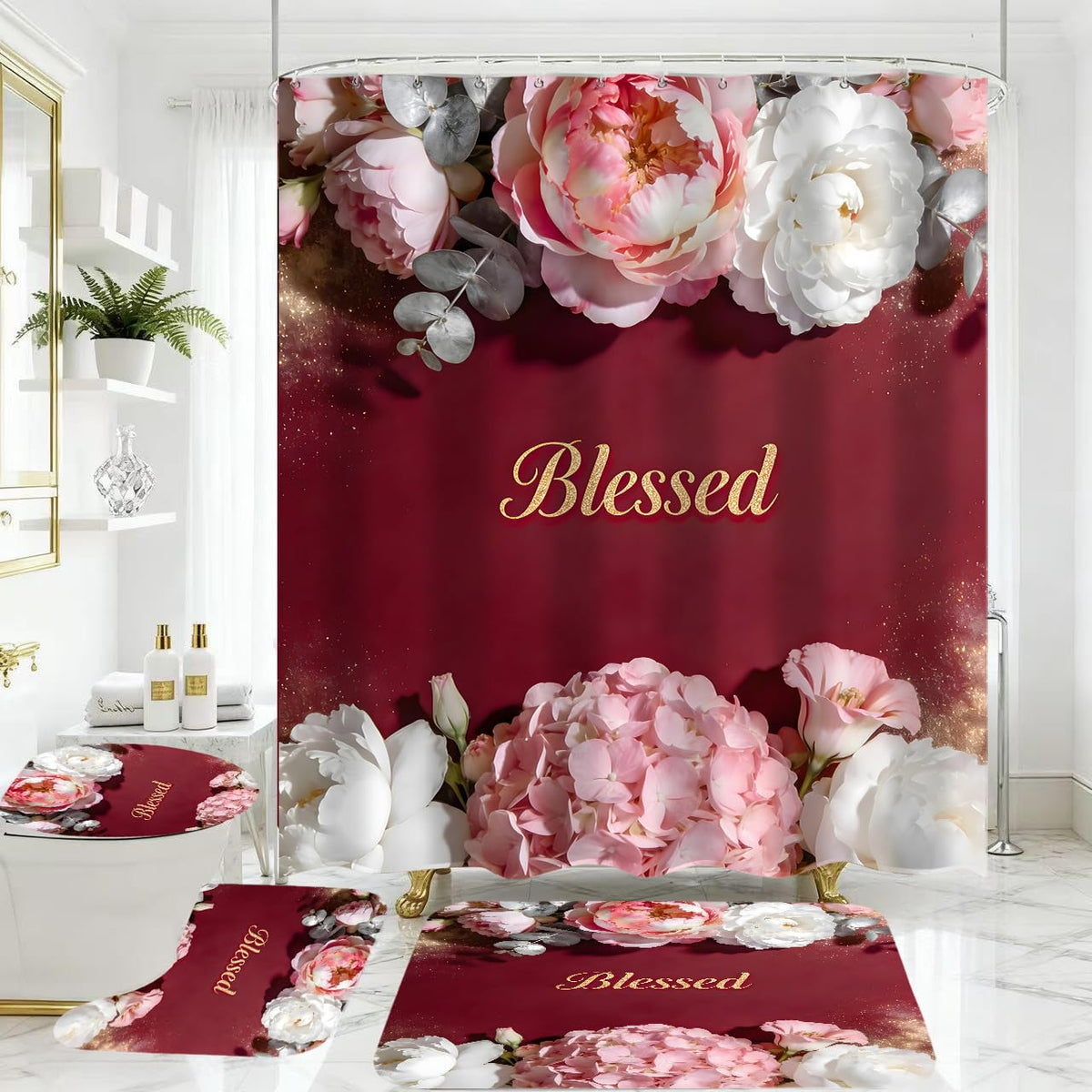 4 Piece Burgundy Floral Shower Curtain Set with Rugs, Luxury Blessed Gold Lettering Pink Peony Bathroom Decor,Waterproof Fabric Curtain, Non-Slip Bath Mat & Toilet Lid Cover