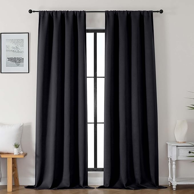 Gwine Black Blackout Curtains for Bedroom 96 Inch Length, Room Darkening Energy Saving Black Out Curtains for Living Room, Window Treatment Drapes with Rod Pocket, Each 40" Wx96 L, 2PCS