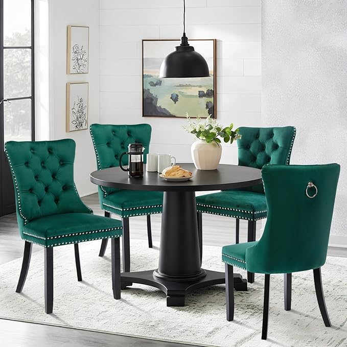 SoarFlash Velvet Dining Chairs Set of 4, Tall Back Side Chair, Modern Upholstered High-end Tufted Side Chair with Button Back Ring, Solid Wood Legs (Green)