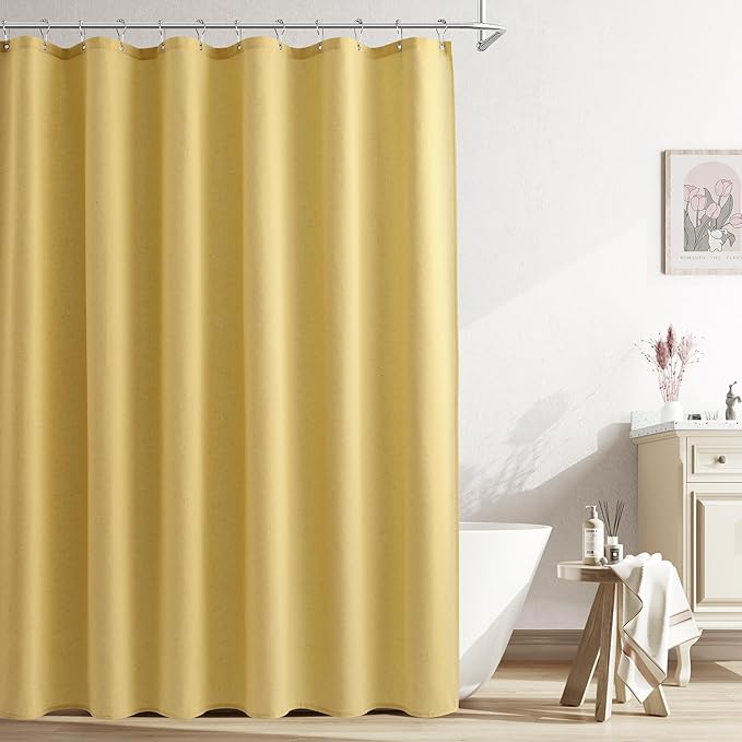 Naturoom Yellow Linen Shower Curtain, Country Boho Farmhouse Bath Decor Shower Curtains Neutral Cloth Weighted Textured Fabric Bath Curtain Liner with Hooks, 72x72