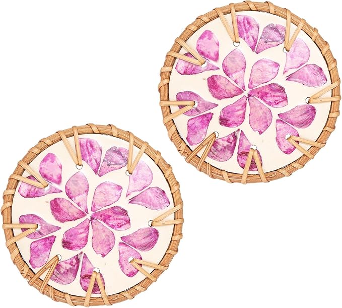 uxcell 2Pcs Handmade Woven Rattan Coasters, Heat-Resistant Drink Coasters for Coffee Table Dining Room Kitchen Coffee Wine Decor, Purple Petal