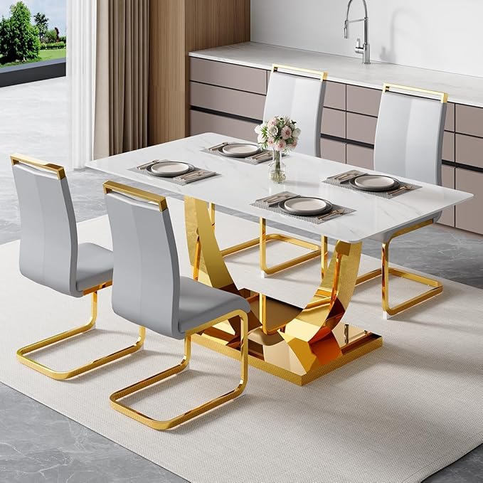 63” Dining Room Table Set for 4,Modern Gold Dining Table Set for 4, Rectangle Kitchen Table Set with Leather Chairs,White Faux Marble Dinner Table Set with Tempered Glass Top and Golden Base