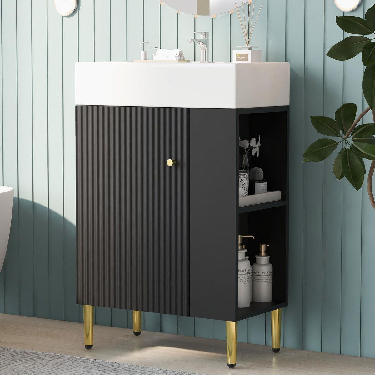Merax 21.6 Inch Small Bathroom Vanity Sink Combo, Freestanding Bathroom Cabinet with Undermount Ceramic Sink, Modern Bathroom Storage Vanity Soft-Close Doors, Black