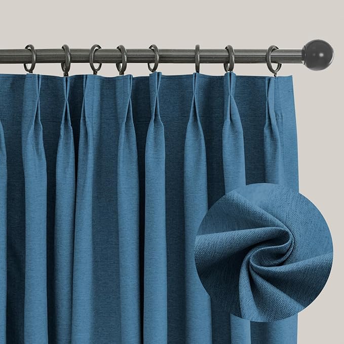 LETAU Pinch Pleated Linen Texture Navy Curtains 84 inches Long, 100% Blackout Privacy Window Curtains Panels Drapery, 120" W x 84" L, 2 Panels
