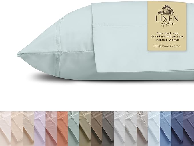 Linen Home 100% Cotton Percale Pillowcases Queen Size, Blue Duck Egg, 2 Pieces of Pillow Case, Crisp and Cool Strong Bed Linen, 20 inches X 30 inches