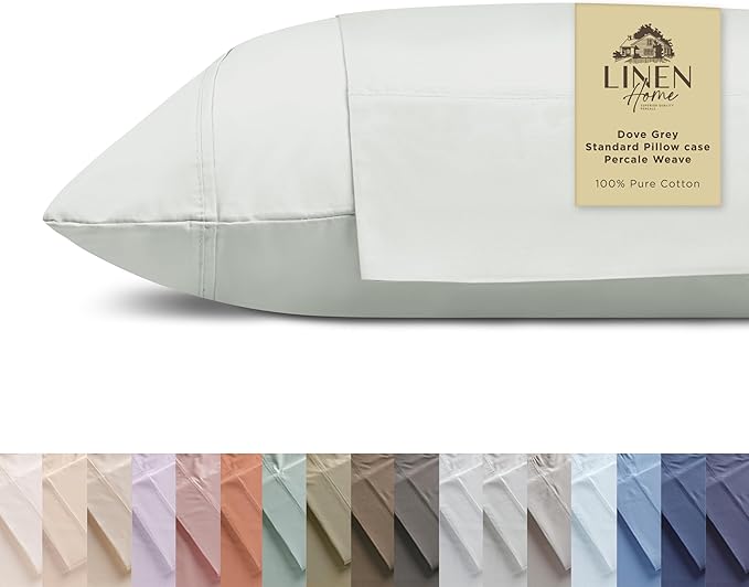 Linen Home 100% Cotton Percale Pillowcases Queen Size, Dove Grey, 2 Pieces of Pillow Case, Crisp and Cool Strong Bed Linen, 20 inches X 30 inches