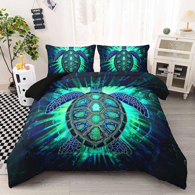 AILONEN Sea Turtle Comforter Set Full Size,Green Blue Turtle Boho Bedding Set for Room,Lightweight Microfiber Duvet with 2 Pillowcases