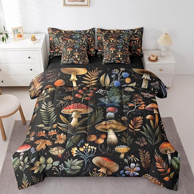 Feelyou Wild Mushroom Comforter Set with Sheets Burgundy Plant Quilt Set for Kids Boys Girls Bedroom Bed Decor Fallen Leaves 7 Piece Bedding Set Full Size Soft Botanical Plant Bed Set