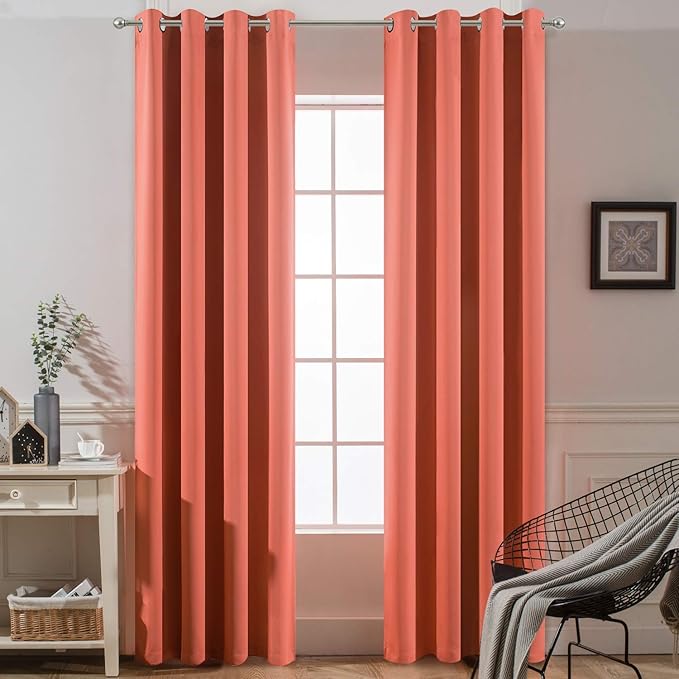 Yakamok 96 inch Long Solid Blackout Curtains with Grommet, Room Darkening Thermal Insulated Window Drapes for Bedroom (52x96 Inch, Coral Orange, 2 Panels)