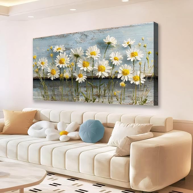 KZKU Rustic Daisy Canvas Wall Art- Large Floral Print on Weathered Blue Wood Background- Modern Farmhouse Decor for Living Room Bedroom 20X40in