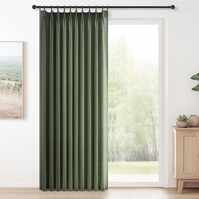 Topfinel 102 Inch Pinch Pleated Linen Curtains 1 Panels,Olive Green Semi Sheer Curtains with Pleated Hooks Back Tab for Track System,Extra Long 9ft Curtain for Living Room Bedroom,60x102