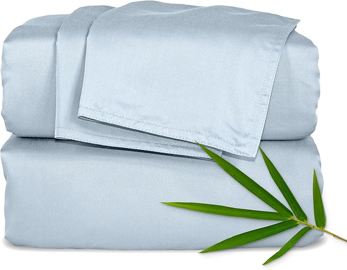 Pure Bamboo Queen Sheets, Genuine 100% Organic Viscose Derived from Bamboo Bed Sheet Set, Luxuriously Soft & Cooling, Double Stitching, 2 Year Quality Promise (Queen, Glacier)