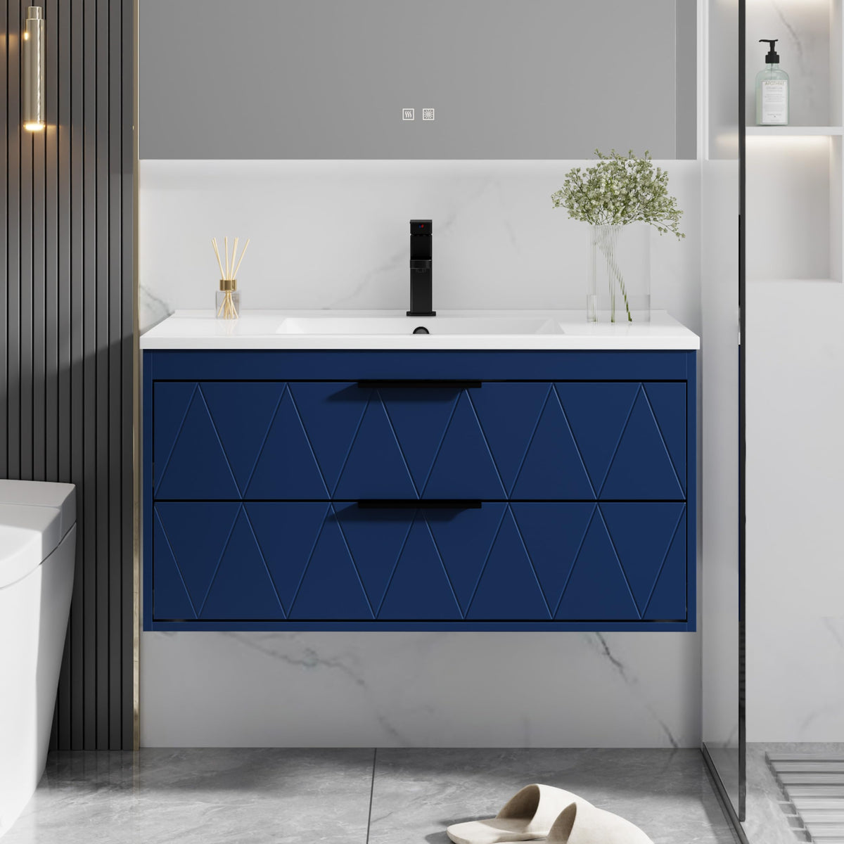 eclife 36" Floating Bathroom Vanity with Sink Combo, Modern Wall-Mounted Vanities Cabinet W/Decor Lines, Soft-Closing Drawers, Single White Sink, Faucet & Drain, Blue