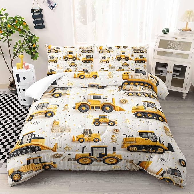 AILONEN Cartoon Construction Trucks Comforter Set Queen Size,Truck Cranes Tractors Bedding Sets,Boys Yellow Machinery Truck Duvet Set,3-Piece, 1 Quilt and 2 Pillowcases,Soft Microfiber