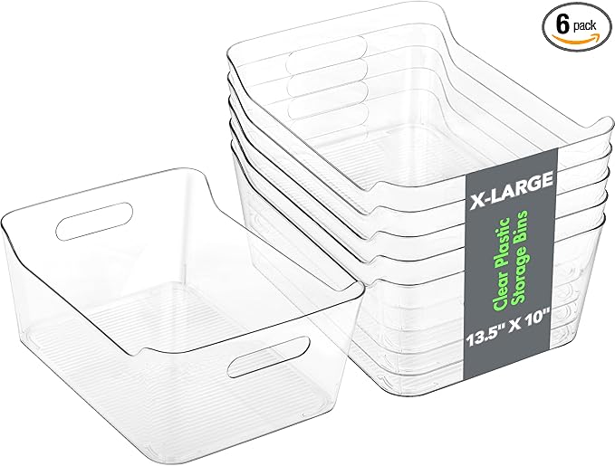 Tiawudi 6 Pack Plastic Storage Bins, Extra Large Pantry Organizer, 13.5" x 10" Clear Storage Containers and Organizer Bins, Multi-Use Bins for Home, Kitchen, Closet and Cabinet