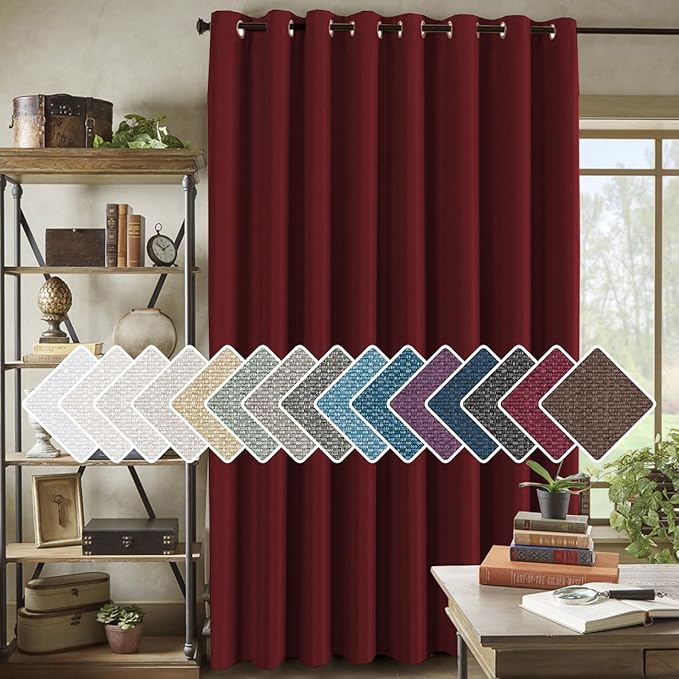H.VERSAILTEX Room Darkening Linen Curtain for Sliding Door (100" W x 108" L) Extra Wide Primitive Burlap Linen Room Divider Curtain for Living Room/Patio (9ft Tall by 8.5ft Wide, Heather Burgundy)