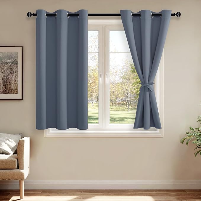 JIUZHEN Blackout Curtains with Tiebacks - Thermal Insulated, Light Blocking and Noise Reducing Grommet Curtain Drapes for Bedroom and Living Room, Set of 2 Panels, 38 x 54 Inch Length, Dusty Blue