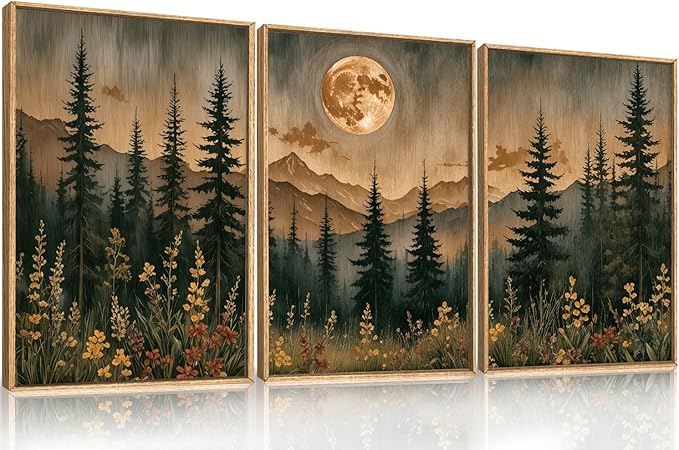HOURIA Vintage Boho Nature Moonlight Forest Mountain Framed Canvas Wall Art Set,Wilderness Dark Moon Woodland Floral Decor,Retro Wildflower Field Landscape Artwork for Living Room,Farmhouse-16 x24 x3