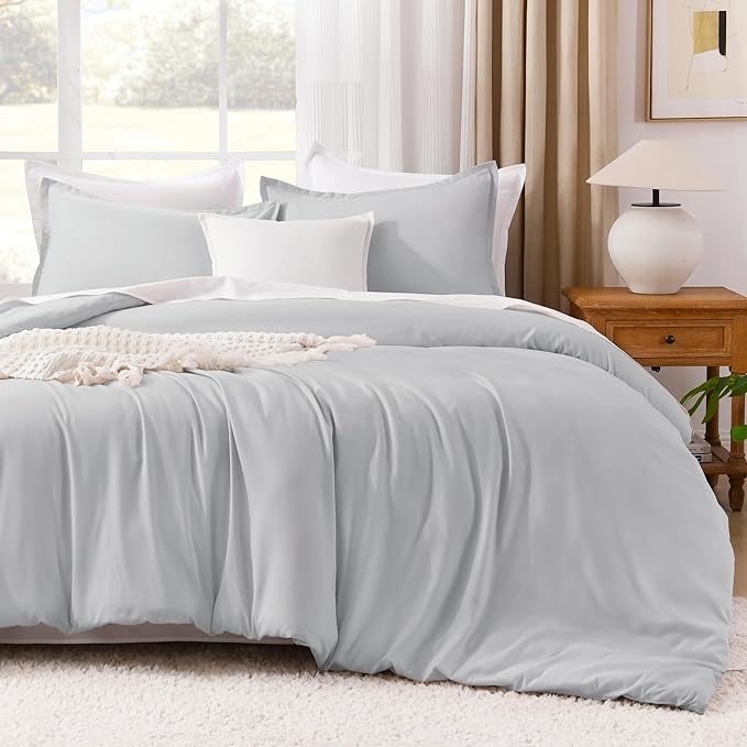 Litanika Light Grey Comforter California King Size, 3 Pieces Cal King Lightweight Solid Bedding Comforter Set, All Season Fluffy Bed Set (104x96In Comforter & 2 Pillowcases)