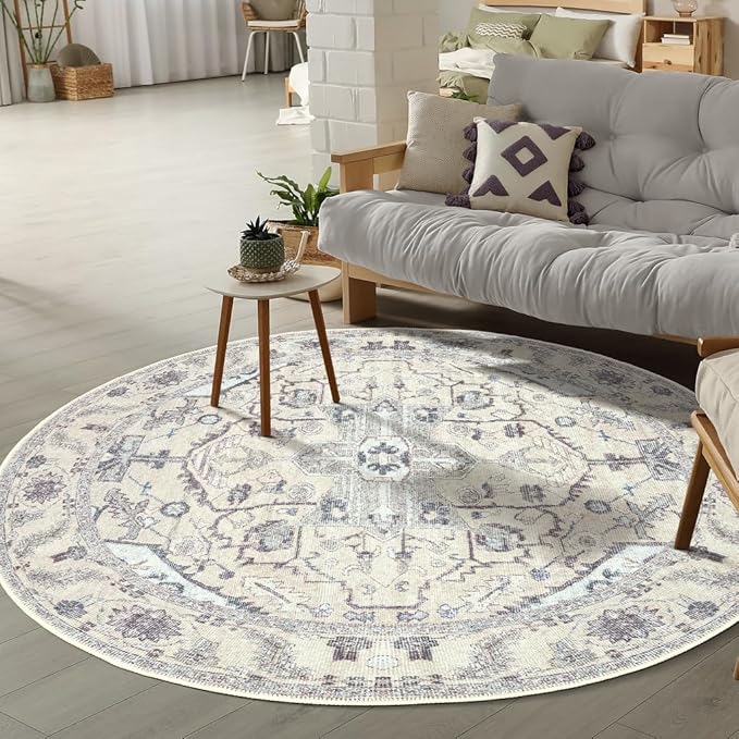 GLN Rugs Bohemian Collection - Machine Washable Area Rug, Bohemian Vintage, Non Slip, Low Pile Chenille Rug, Living Room, Bedroom, Bathroom Rug (5'3" Round Beige/Gray)