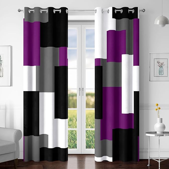 Purple 100% Blackout Curtains for Bedroom 84 inch Length 2 Panels Set Black Grey Modern Abstract Geometric Black Out Curtains Insulated Room Darkening Window Drapes for Living Room, 52Wx84L