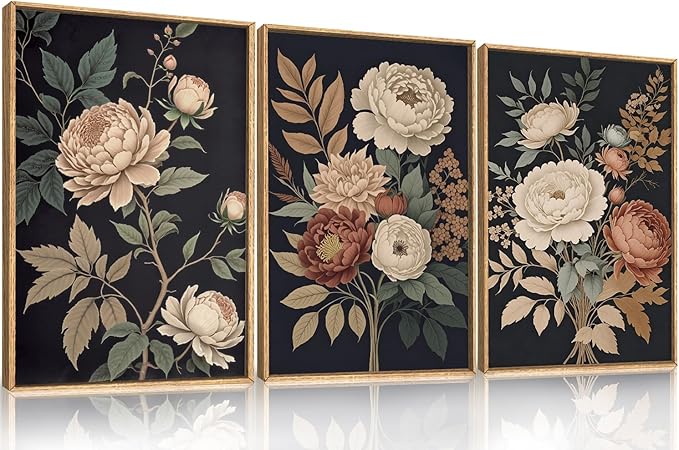 HOURIA Large Moody Dark Flower Framed Canvas Wall Art,Retro Beige Red Peony Wall Decor,Vintage Textured Blossom Botanical Artwork,Natural Wildflower Art Print for Living Room,Bedroom,Office-24 x36 x3