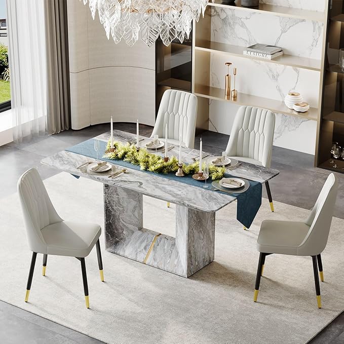 Dinner Table Set for 4, 5 Piece Dining Table Set with Chairs, 63" Faux Marble Modern Table with 4 PU Leather Upholstered Chairs, for Kitchen & Dining Room