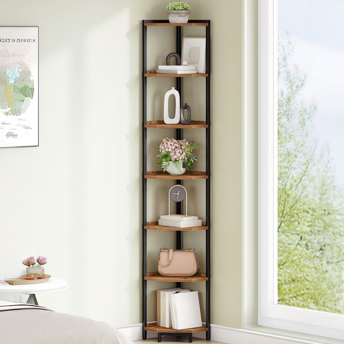 Hzuaneri Corner Shelf Stand 7-Tier Corner Bookshelf Storage Standing Shelf