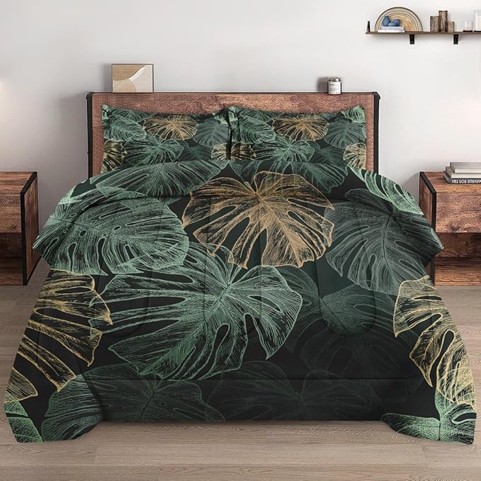 Twin Size Comforter Set with Pillowcase, Green Tropical Leaves 2 Pcs Bedding for Kids and Adults, Monstera Palm Leaf Soft Comforter Set for Bedroom Bed Decor