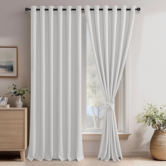 JIUZHEN Greyish White Blackout Curtains with Tiebacks Thermal Insulated, Light Blocking and Noise Reducing Grommet Curtains for and Living Room, Set of 2 Window Curtain Panels, 70 x 96 Inch Length