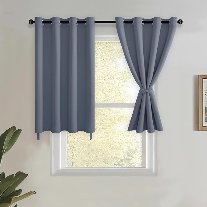 JIUZHEN Short Curtains Kitchen Half Window Blackout Curtains with Tiebacks for Baseroom Shadows, Grommet Curtains for Living Room, Set of 2 Window Curtain Panels, 52 x 30 Inch Length，Dusty Blue