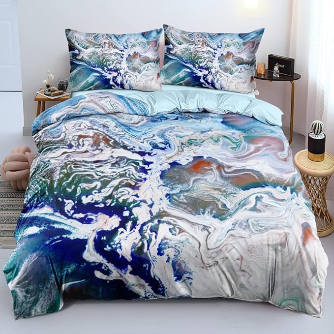 Abstract Art Duvet Cover Set Full Size Blue with Pink Creative Hand Painted Pattern Comforter Covers Fashion Marble Bed Set Abstract Deco