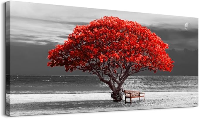 wall art for living room Decorations Photo Prints - panoramic black and white with red trees The moon Landscape - Modern Home Decor The room Stretched and Framed Ready to Hang artwork 30x60inches