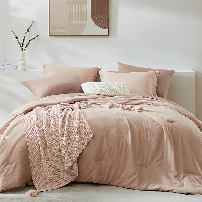 WRENSONGE Full Size Comforter Set- 7 Pieces Clay Pink Bed in a Bag Full Size Comforter with Fitted Sheet, Flat Sheet, 2 Pillow Shams, 2 Pillowcases, Warm Bedding Sets for All Season